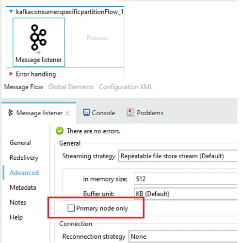 Message listener Advanced settings with the Primary node only checkbox highlighted