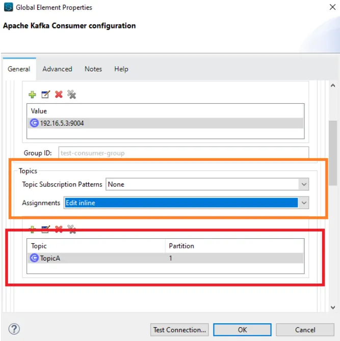 Kafka Consumer config with Assignments set to Edit inline and TopicA partition 1 specified