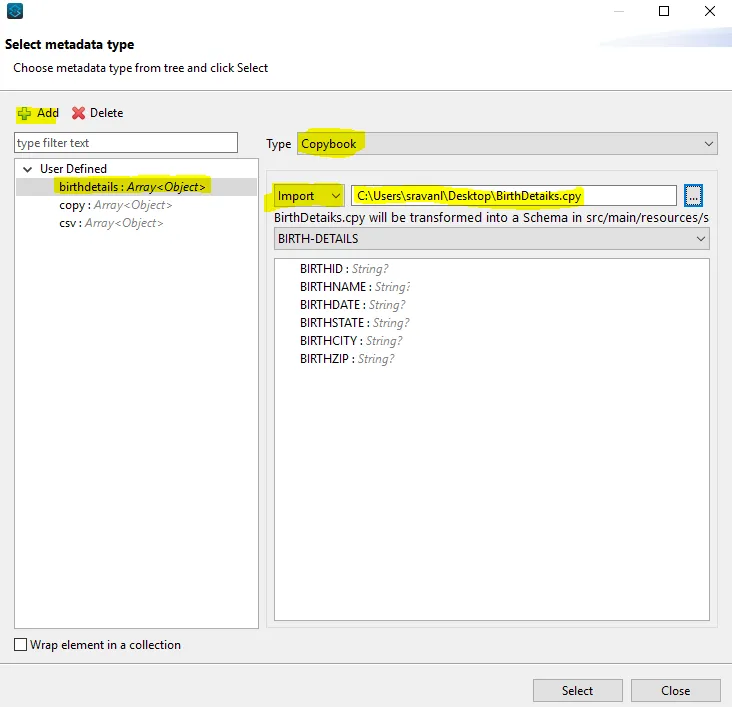 Anypoint Studio Select metadata type dialog importing BirthDetaiks.cpy as a Copybook type.