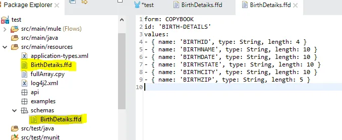 Package Explorer with the generated BirthDetaiks.ffd file copied from schemas into src/main/resources.