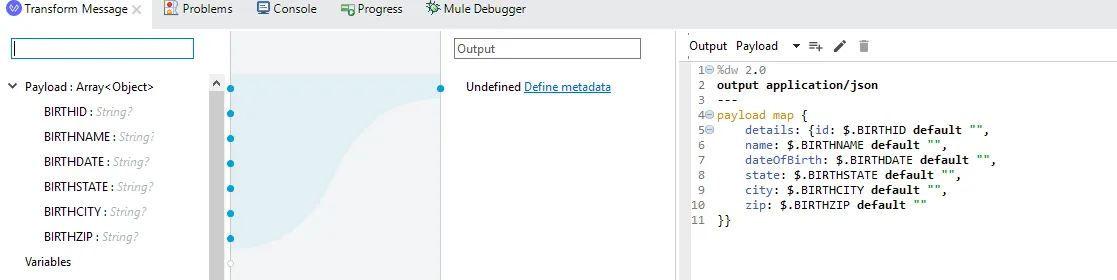 Transform Message mapping each copybook field to a JSON details object with default "" values.