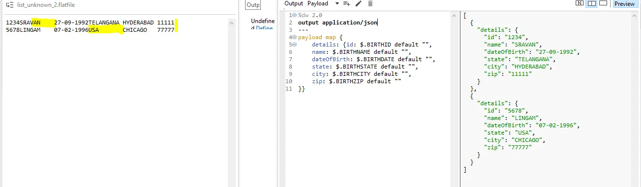 Flat file input with padding spaces highlighted, transformed into two JSON records on the right.