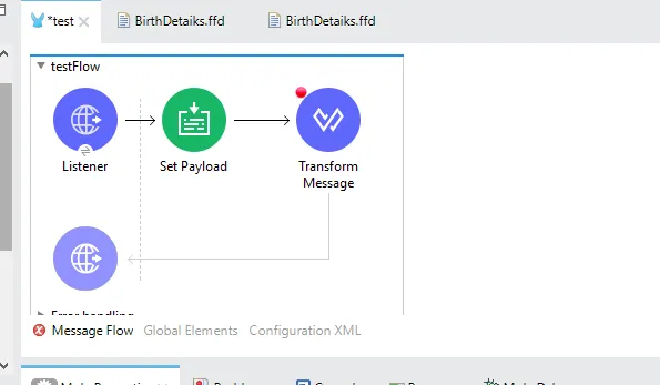 Final Mule flow: HTTP Listener, then Set Payload, then Transform Message.