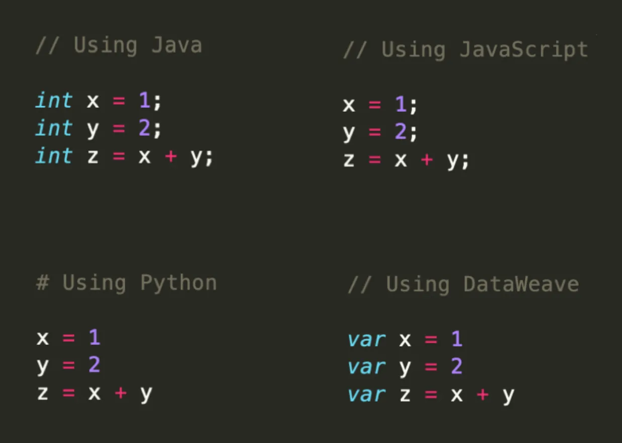 Same x + y addition written in plain Java, JavaScript, Python and DataWeave