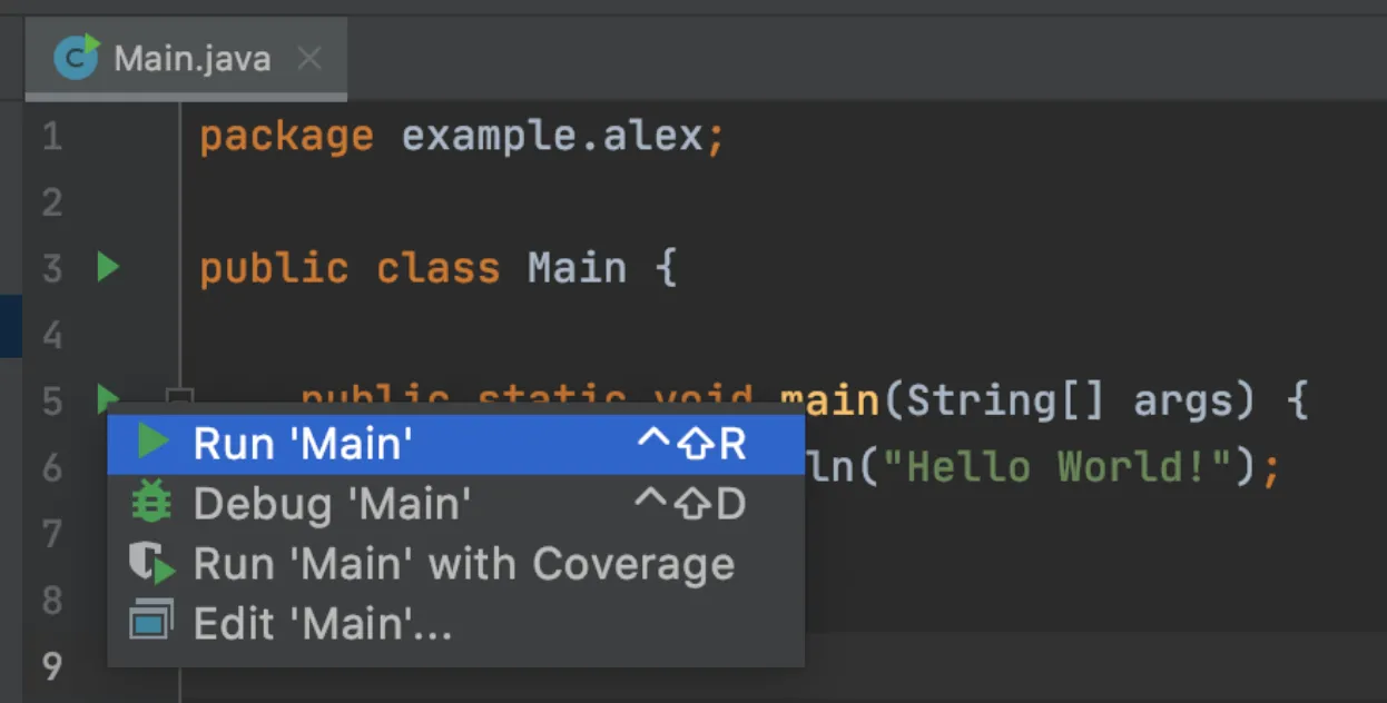 IntelliJ green-arrow menu with Run 'Main' option for the Hello World class
