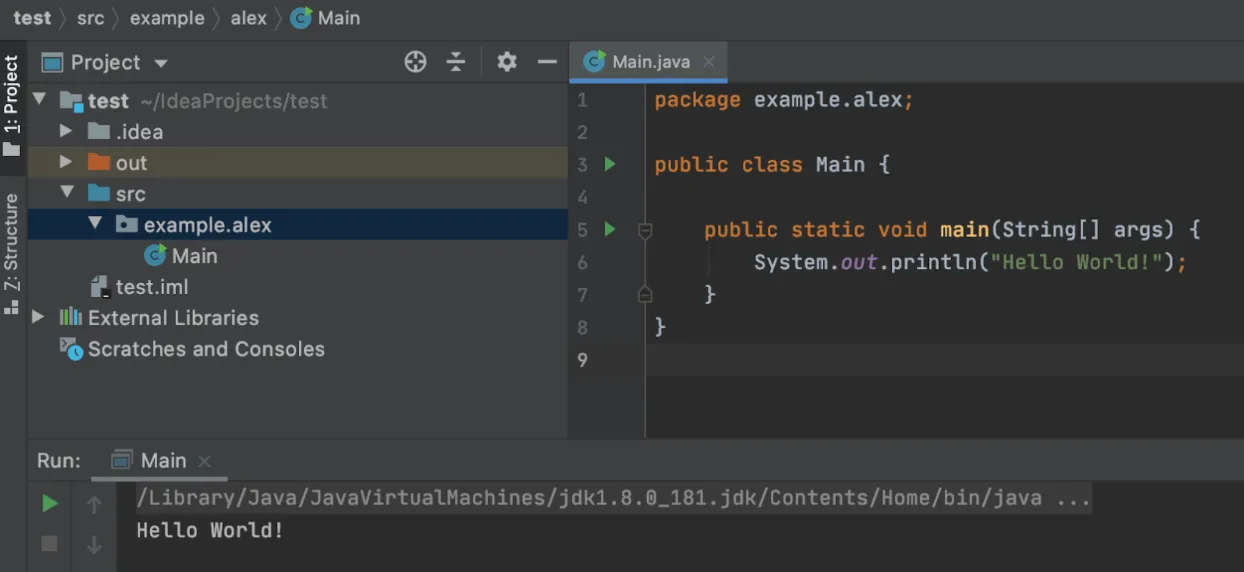 IntelliJ project tree and editor with the Run console printing Hello World! at the bottom
