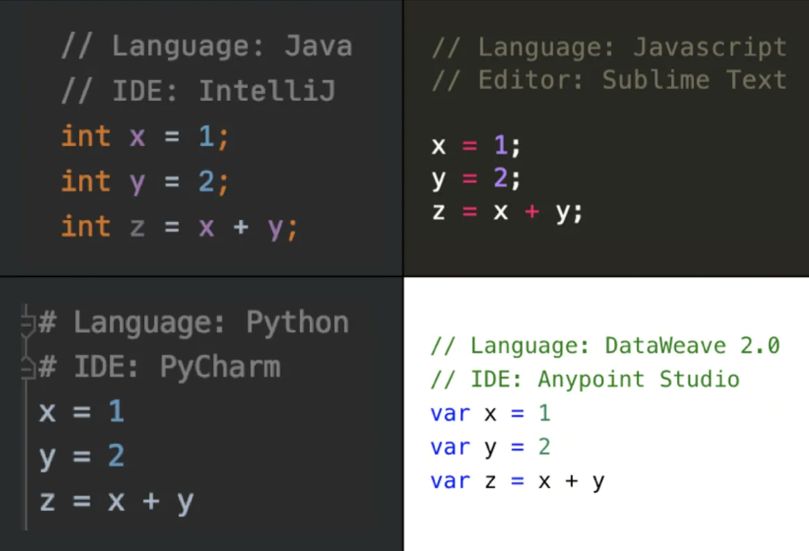 The same snippets with syntax highlighting in IntelliJ, Sublime Text, PyCharm and Anypoint Studio