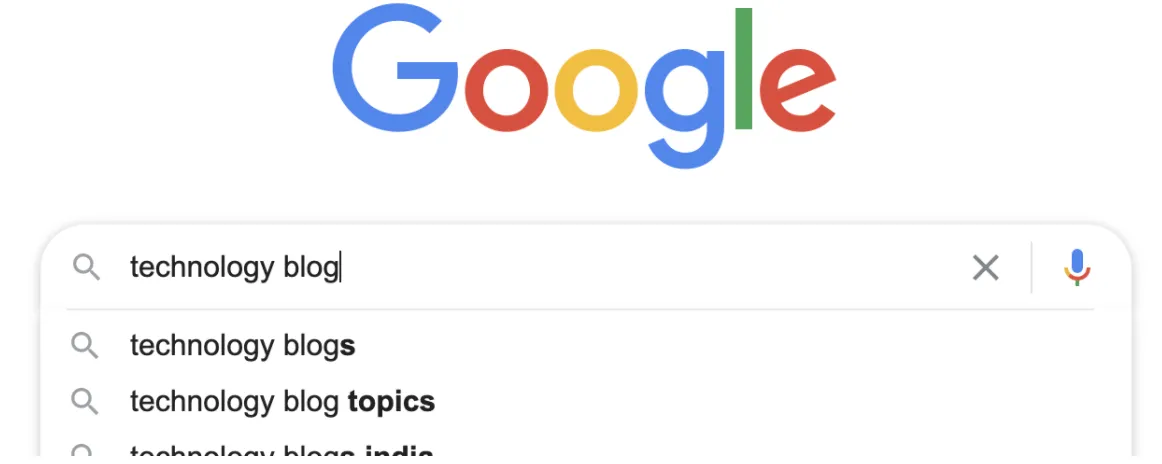 Google search box autocompleting the query technology blog with suggestions