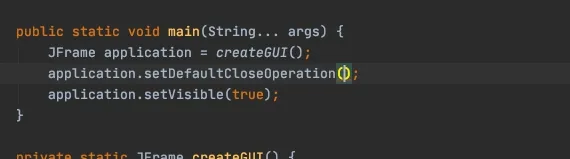 Animation of an IDE suggesting Java method calls like setDefaultCloseOperation as you type