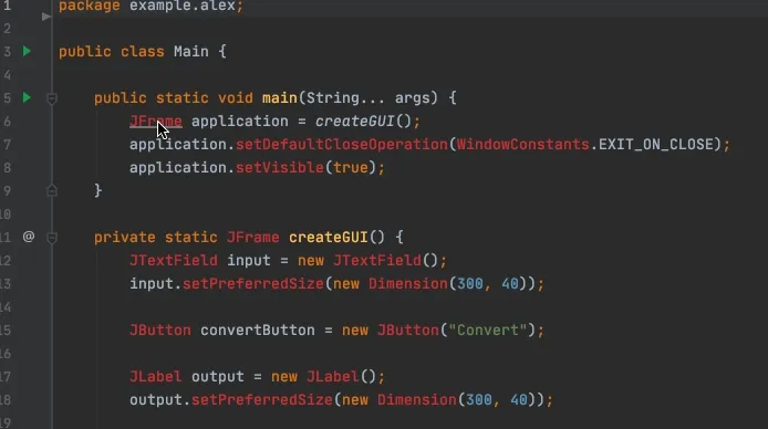 Animation of an IDE auto-importing the library for Swing classes like JFrame and JButton