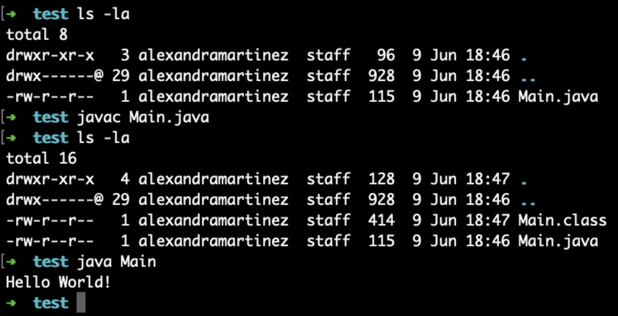 Terminal manually compiling with javac then running java Main, printing Hello World!