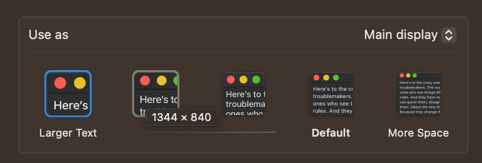 macOS Displays resolution thumbnails from Larger Text to More Space, with Default selected