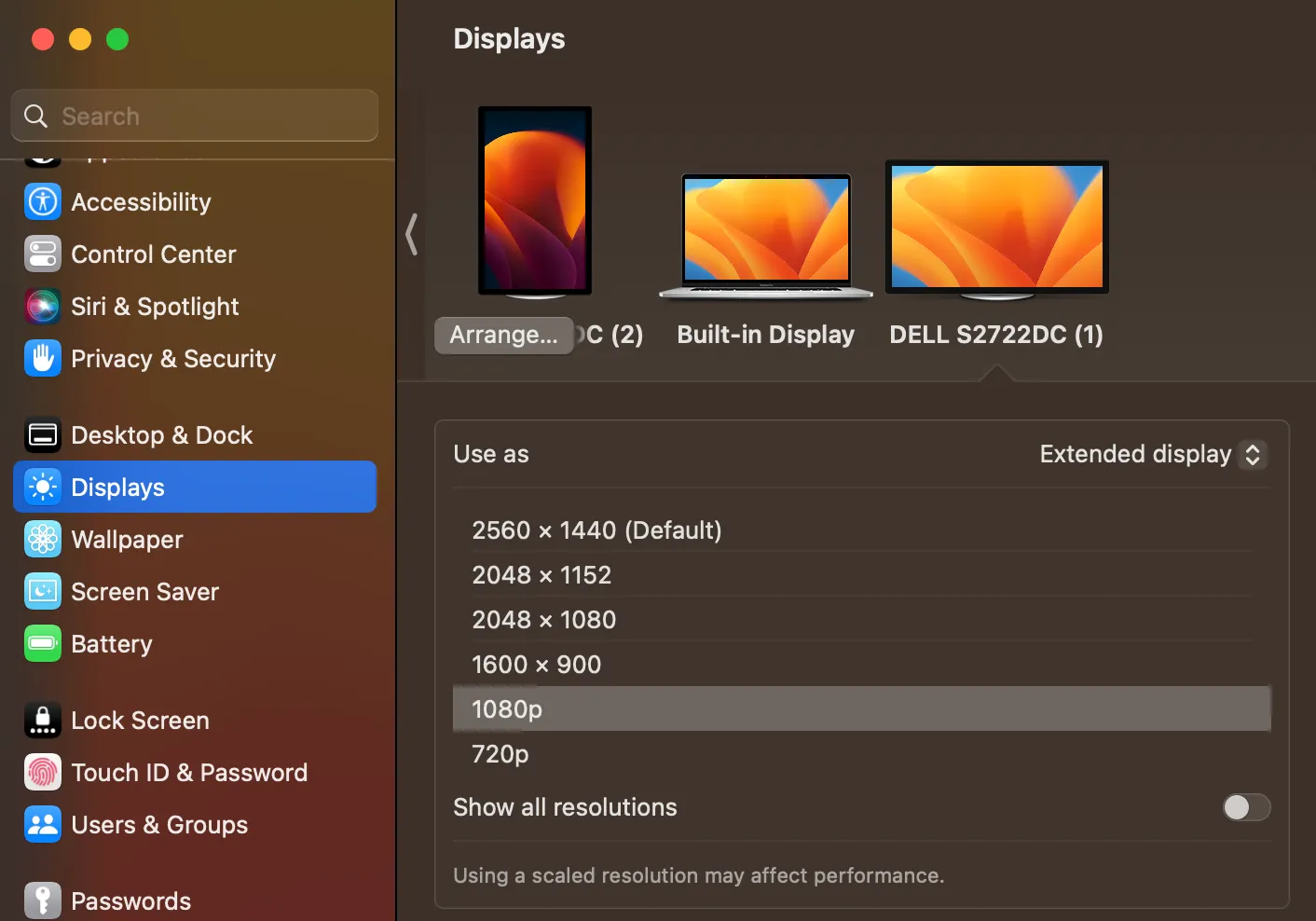 macOS external-monitor resolution list with 1080p highlighted among options like 720p