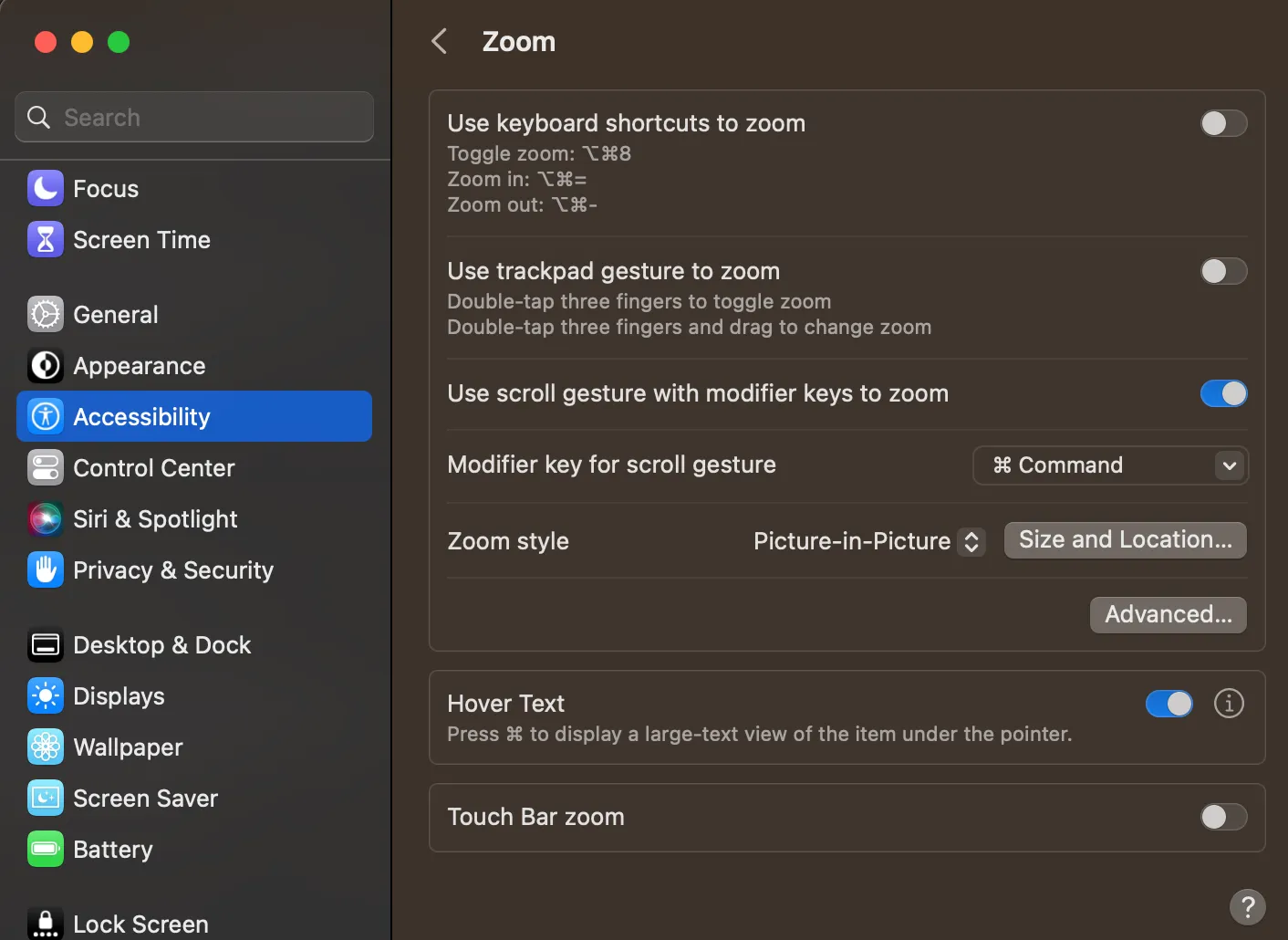 macOS Accessibility Zoom settings with scroll-gesture zoom and Picture-in-Picture style enabled