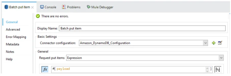 Batch put item config with Request put items set to the Expression #[payload].