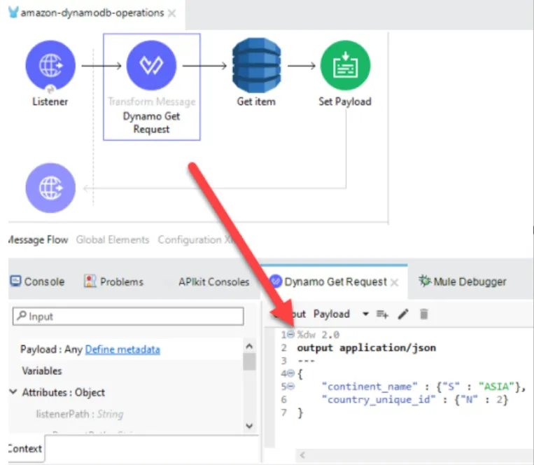 Get item flow with a Transform Message building the key with continent_name ASIA and country_unique_id 2.