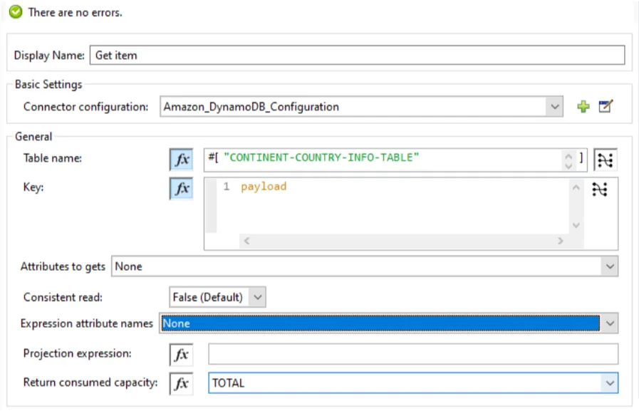 Get item config with Table name CONTINENT-COUNTRY-INFO-TABLE, Key set to payload, and Consistent read False.