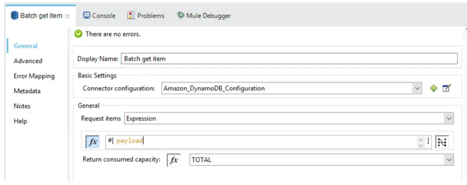 Batch get item config with Request items set to the Expression #[payload] and Return consumed capacity TOTAL.
