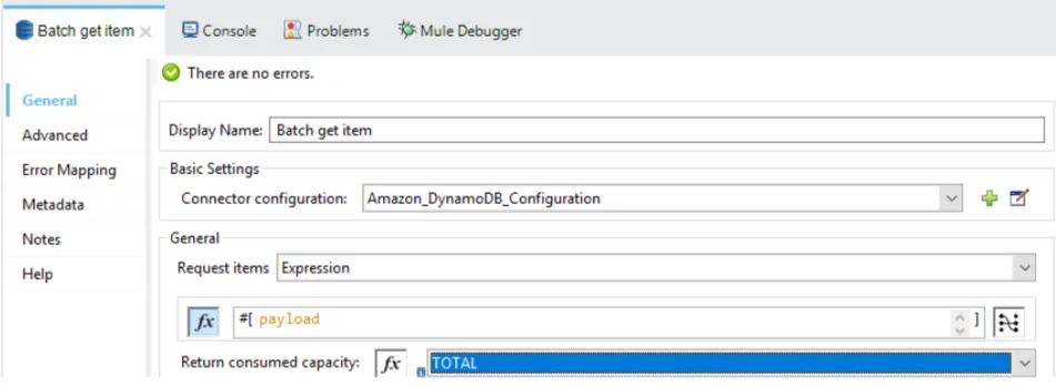 Batch get item config for multiple tables with Request items #[payload] and Return consumed capacity TOTAL.