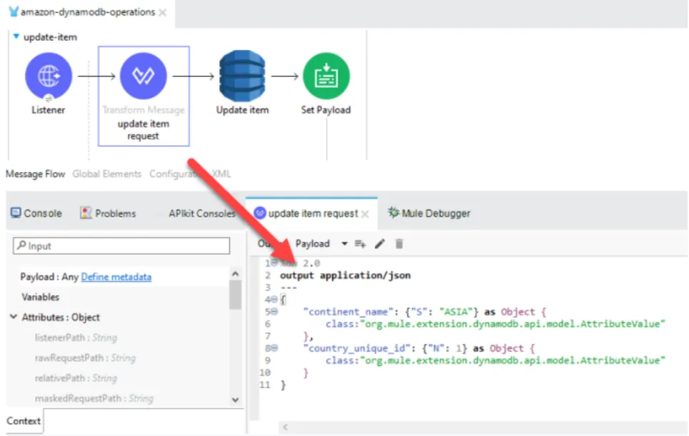 Update item flow with a Transform Message building the key for continent_name ASIA and country_unique_id 1.