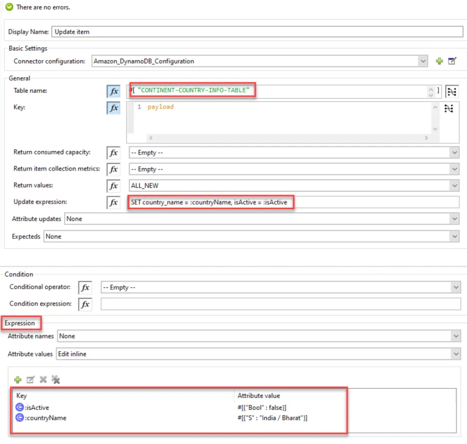 Update item config with a SET update expression and inline attribute values for isActive and countryName.