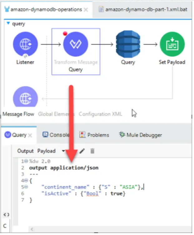 Query flow with a Transform Message building criteria continent_name ASIA and isActive true.