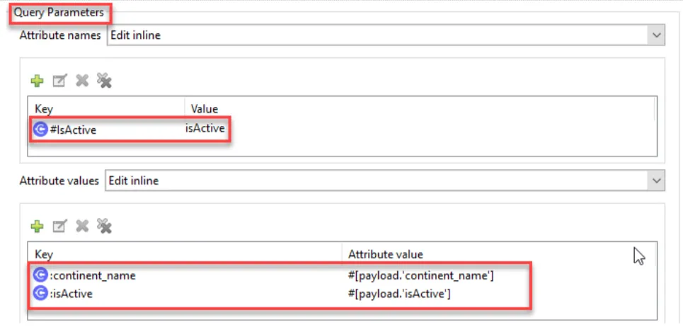 Query parameters mapping #isActive and the :continent_name and :isActive attribute values from the payload.