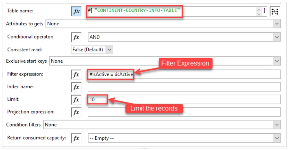Query config with filter expression isActive = :isActive and a Limit of 10.