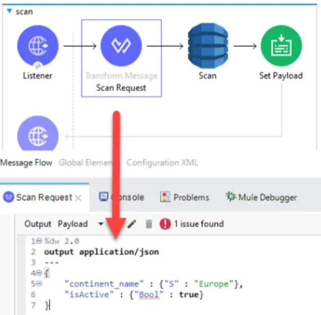 Scan flow with a Transform Message building criteria continent_name Europe and isActive true.
