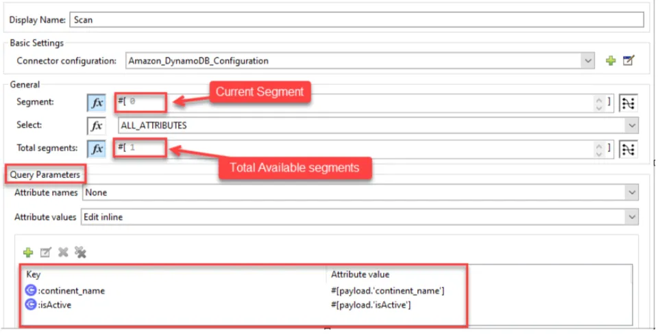 Scan config with Segment 0, Total segments 1, and continent_name and isActive attribute values.