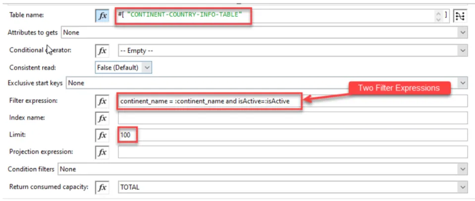 Scan config with two filter expressions on continent_name and isActive and a Limit of 100.