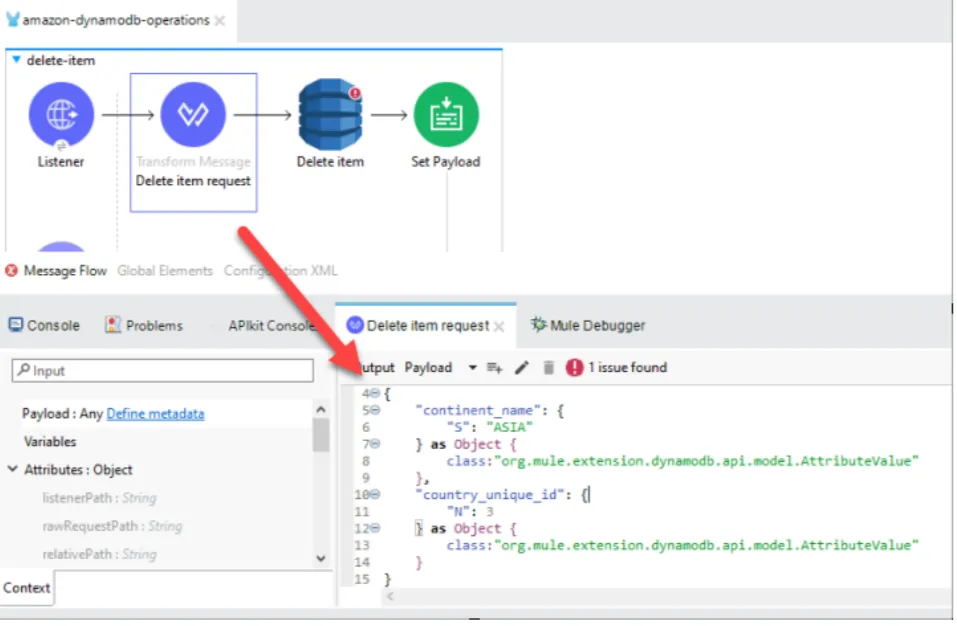 Delete item flow with a Transform Message building the key continent_name ASIA and country_unique_id 3.