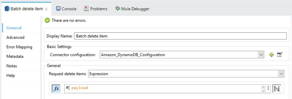Batch delete item config with Request delete items set to the payload expression.