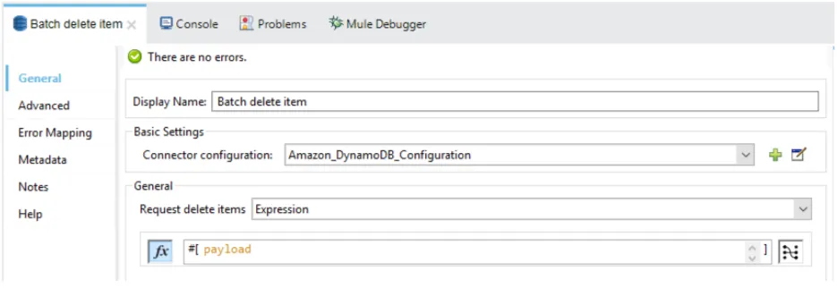 Batch delete item config for multiple tables with Request delete items set to the payload expression.