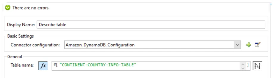 Describe table config with Table name set to CONTINENT-COUNTRY-INFO-TABLE.