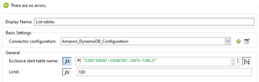 List tables config with an Exclusive start table name and a Limit of 100.