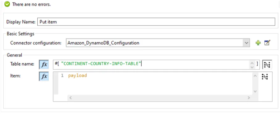 Put item config with Table name CONTINENT-COUNTRY-INFO-TABLE and Item set to payload.