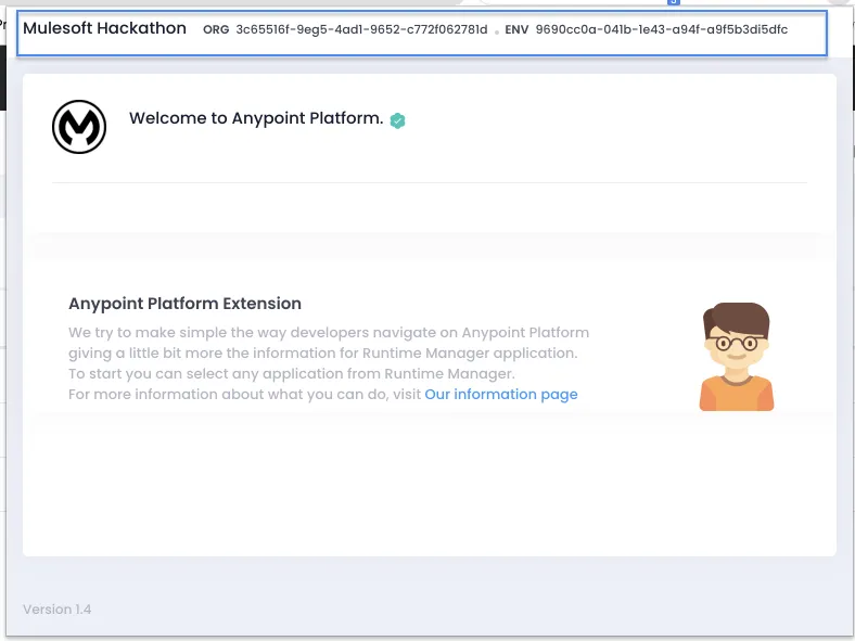Chrome extension header showing the Organization name, Organization id, and Environment id.