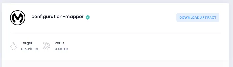 Extension view of an app named configuration-mapper, target CloudHub, status Started, with a Download Artifact button.