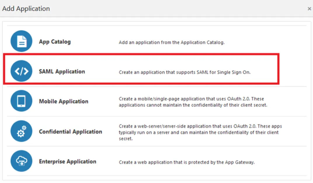 Oracle IDCS Add Application dialog with SAML Application option highlighted
