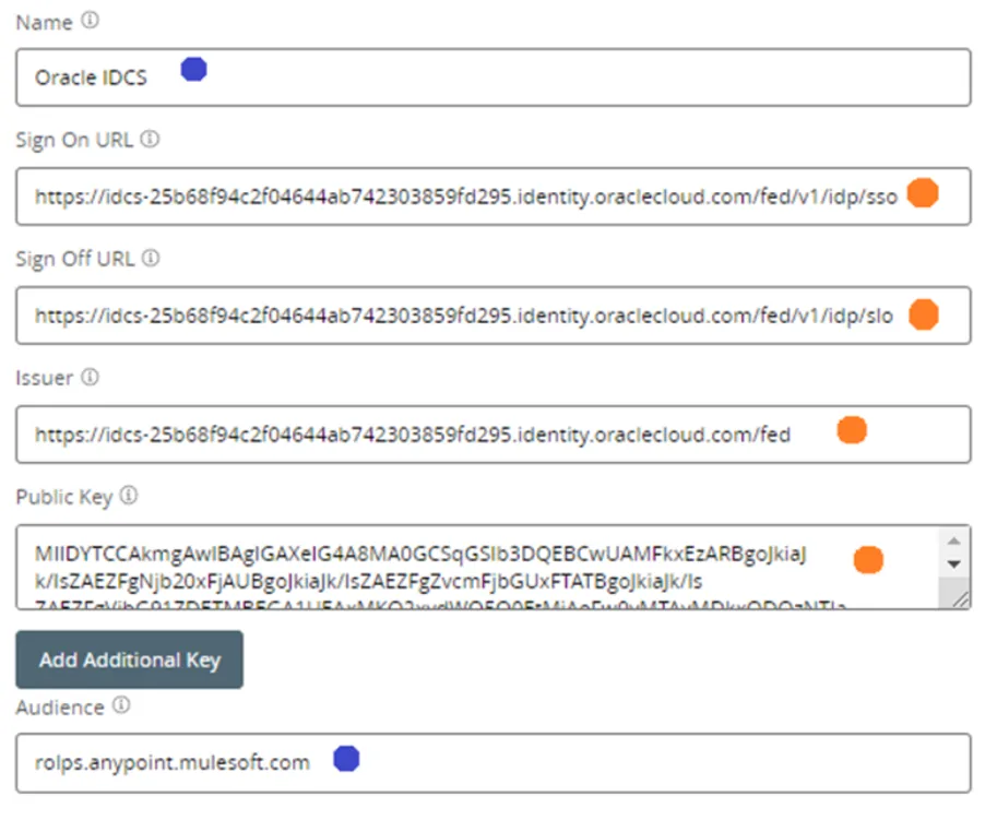 SAML config fields auto-filled from metadata: Sign On URL, Issuer, Public Key, Audience