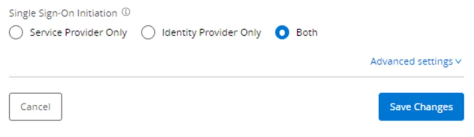 Single Sign-On Initiation set to Both with the Save Changes button