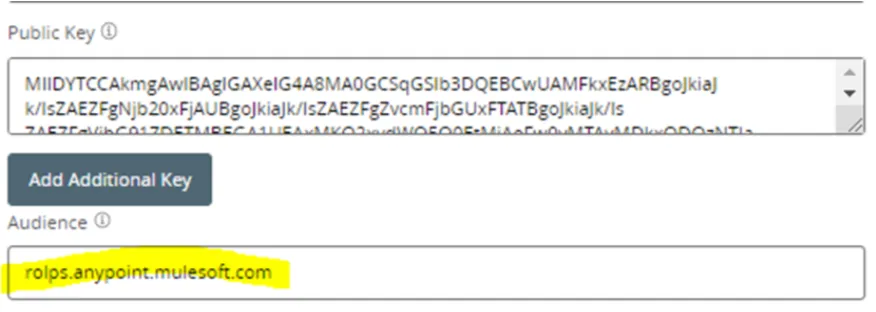 Public Key field and highlighted Audience value rolps.anypoint.mulesoft.com