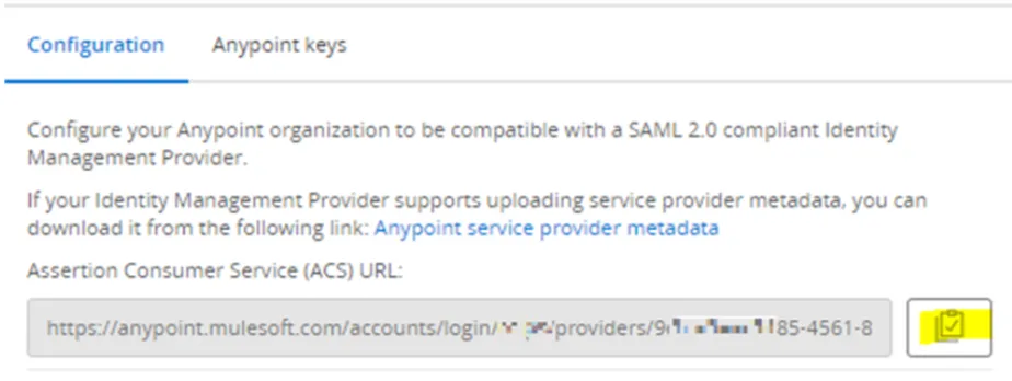 Configuration tab showing the Assertion Consumer Service (ACS) URL field