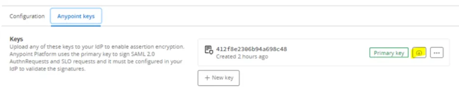 Anypoint keys tab with the primary key's download button highlighted in yellow