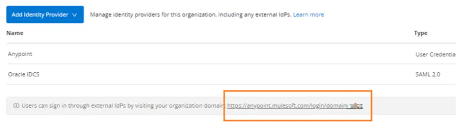 Identity Providers list with the external login domain URL highlighted