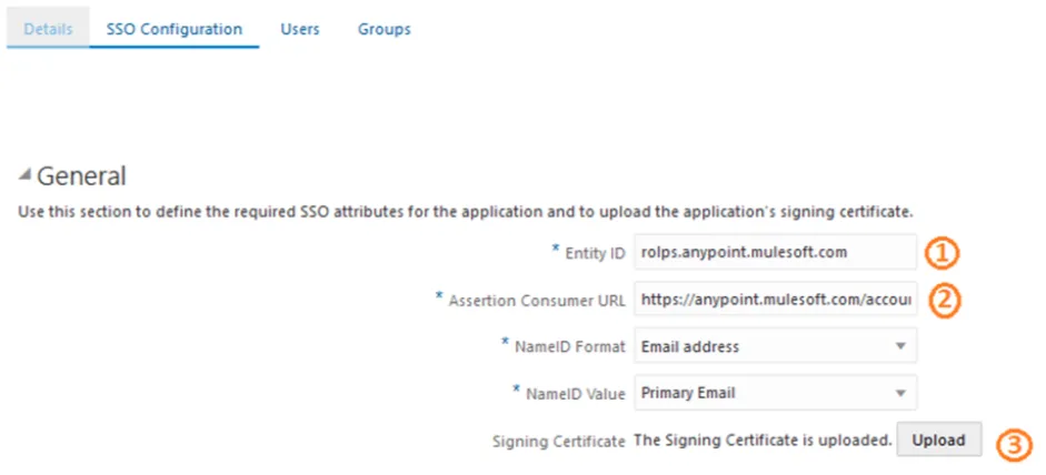 Oracle IDCS General SSO settings: Entity ID, Assertion Consumer URL, NameID, Signing Certificate