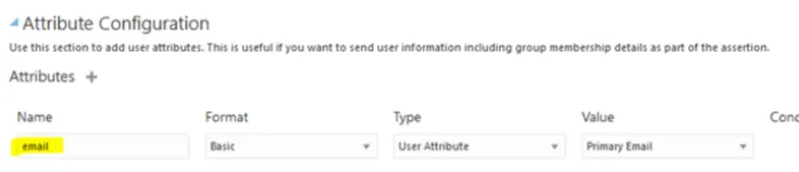 Attribute Configuration mapping an email attribute to the Primary Email user value