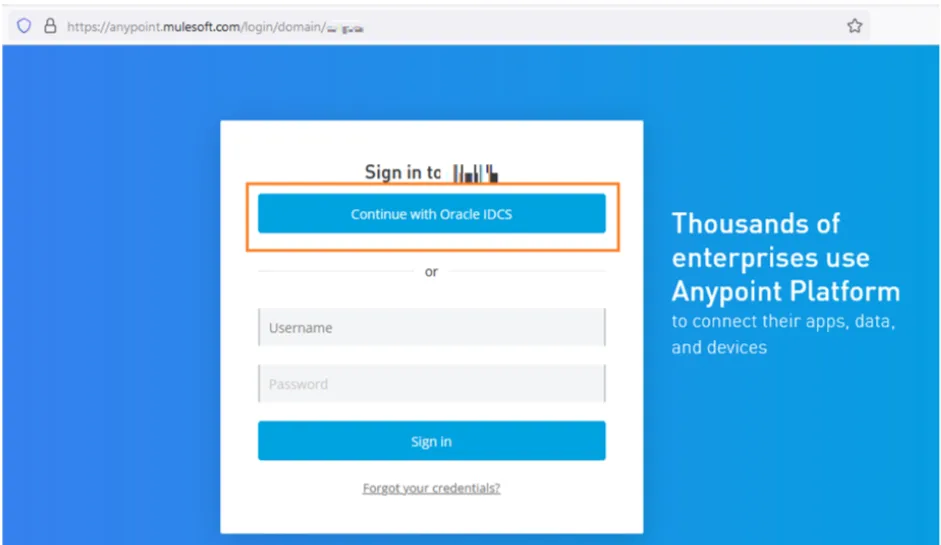 Anypoint login page with a Continue with Oracle IDCS button above username and password fields