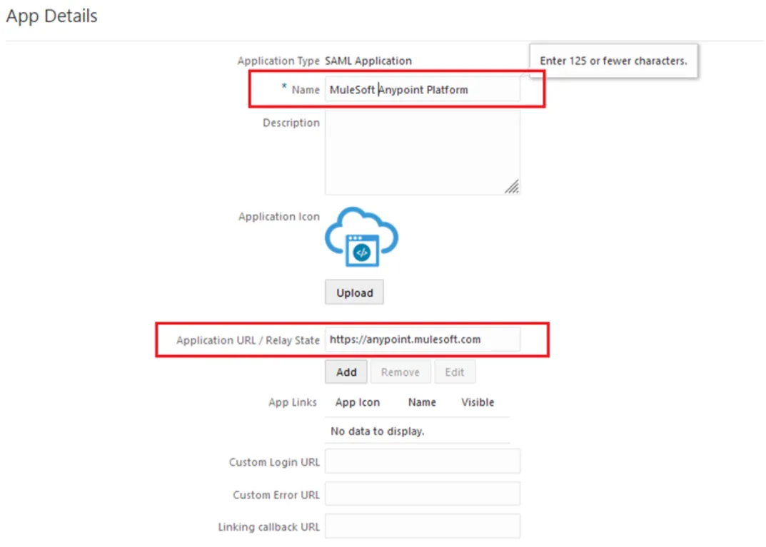App Details form with Name and Application URL / Relay State fields highlighted